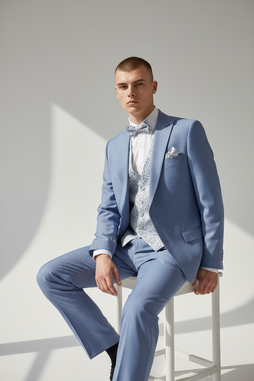 Eleganter 3-teiliger Anzug in Blau mit gemusterter Weste