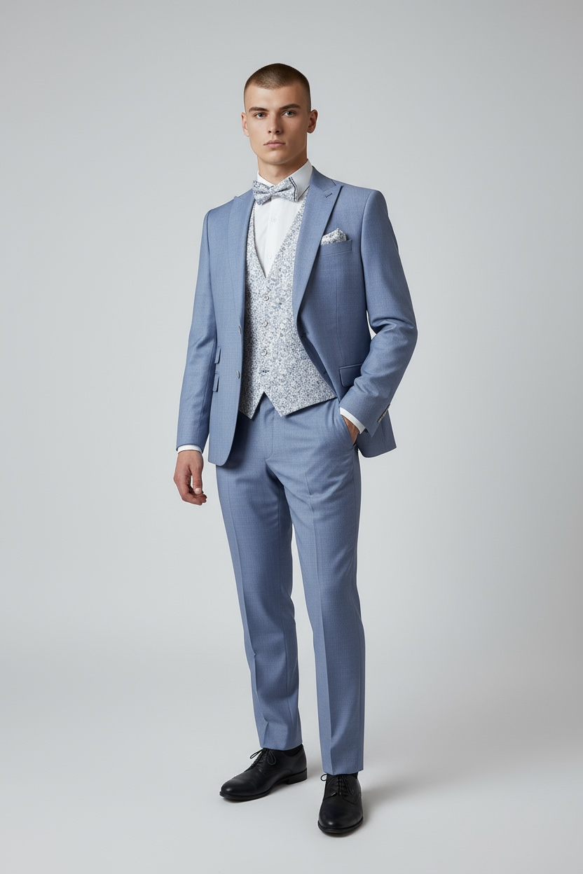 Eleganter 3-teiliger Anzug in Blau mit gemusterter Weste