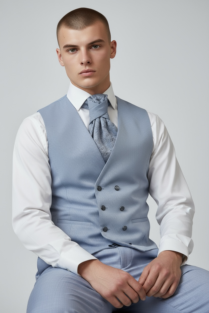 Eleganter 3-teiliger Anzug in Hell-Graublau mit gemusterter Weste