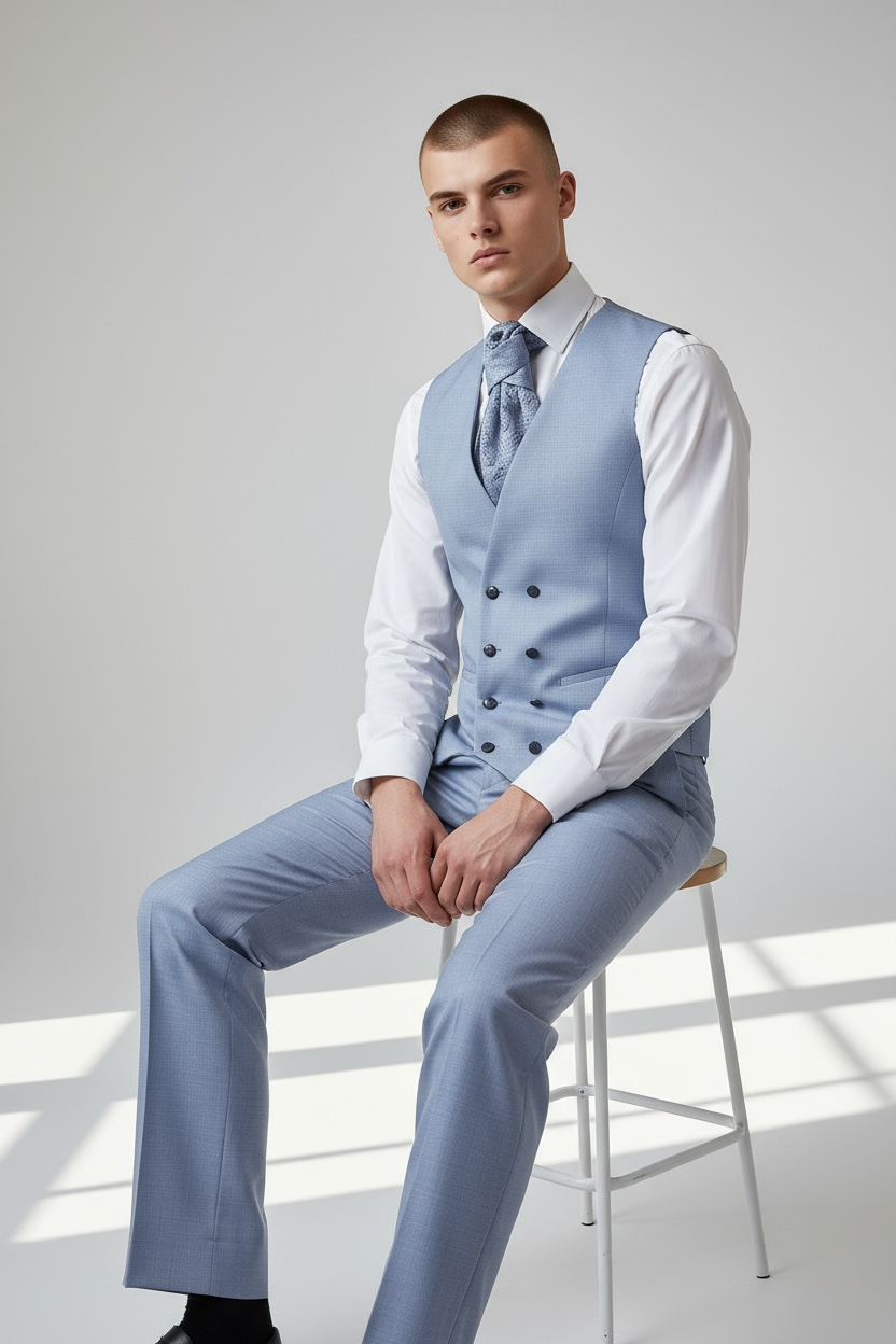 Eleganter 3-teiliger Anzug in Hell-Graublau mit gemusterter Weste