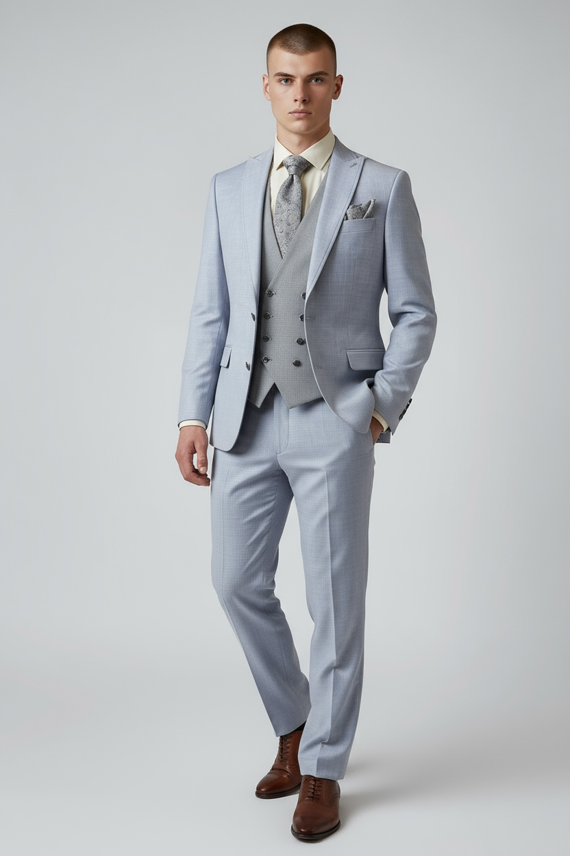 Eleganter 3-teiliger Anzug in Hell-Graublau mit gemusterter Weste