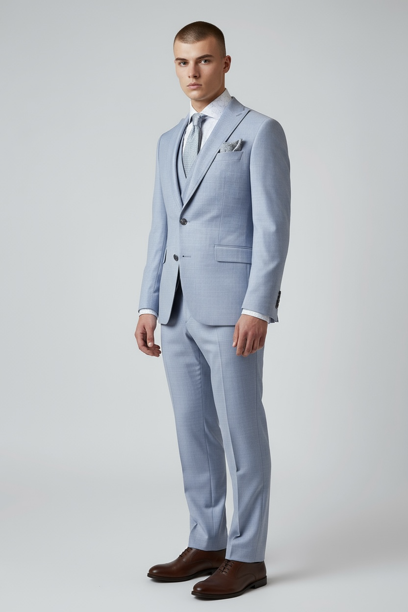 Eleganter 3-teiliger Anzug in Hell-Graublau mit gemusterter Weste