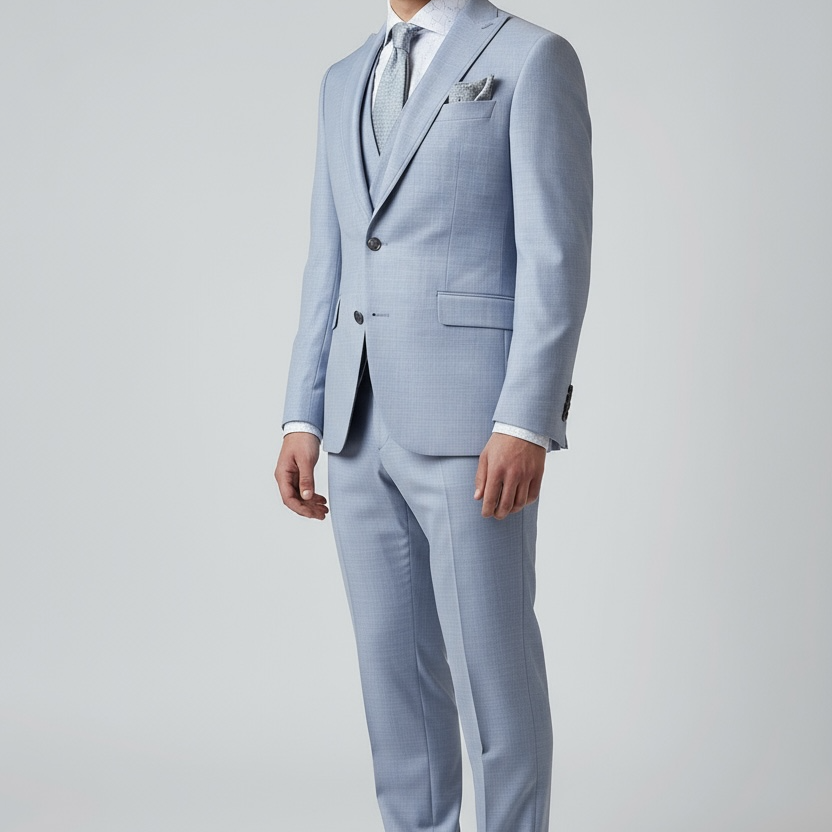 Eleganter 3-teiliger Anzug in Hell-Graublau mit gemusterter Weste