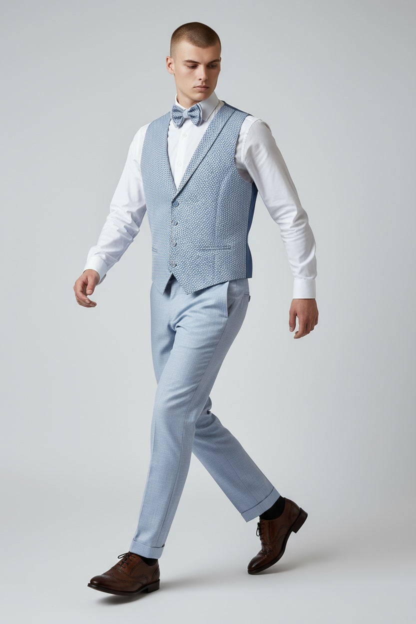 Eleganter 3-teiliger Anzug in Hell-Graublau mit gemusterter Weste