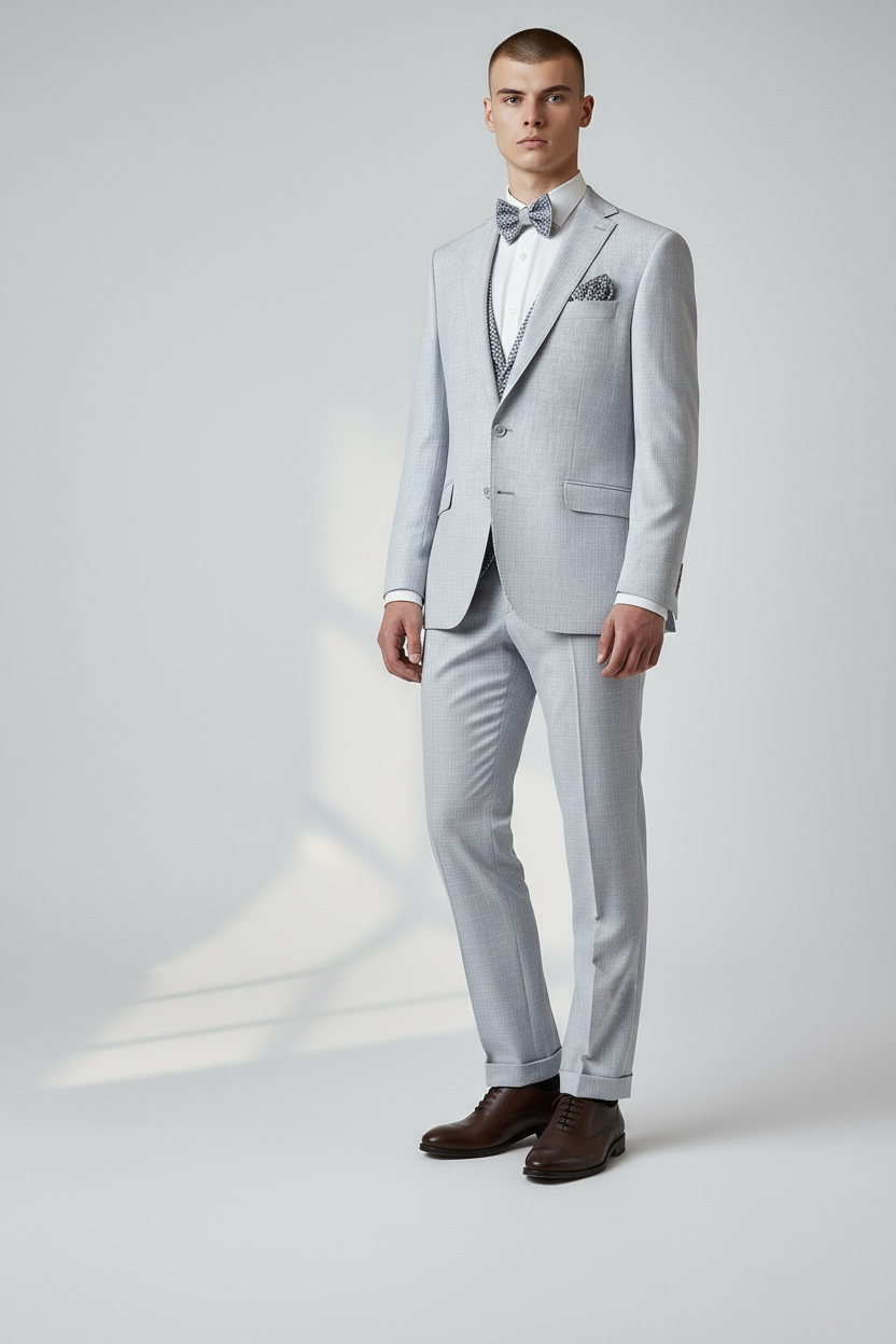 Eleganter 3-teiliger Anzug in Hell-Graublau mit gemusterter Weste