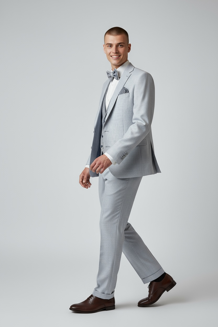 Eleganter 3-teiliger Anzug in Hell-Graublau mit gemusterter Weste