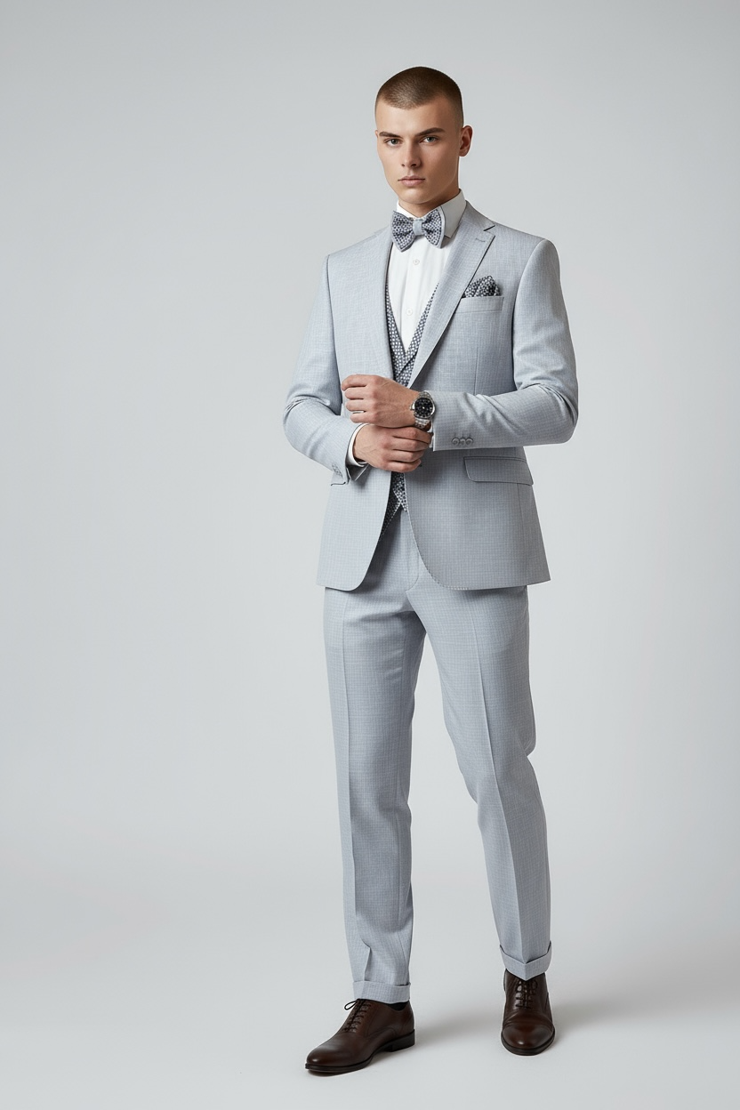 Eleganter 3-teiliger Anzug in Hell-Graublau mit gemusterter Weste