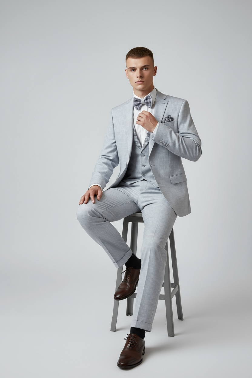 Eleganter 3-teiliger Anzug in Hell-Graublau mit gemusterter Weste