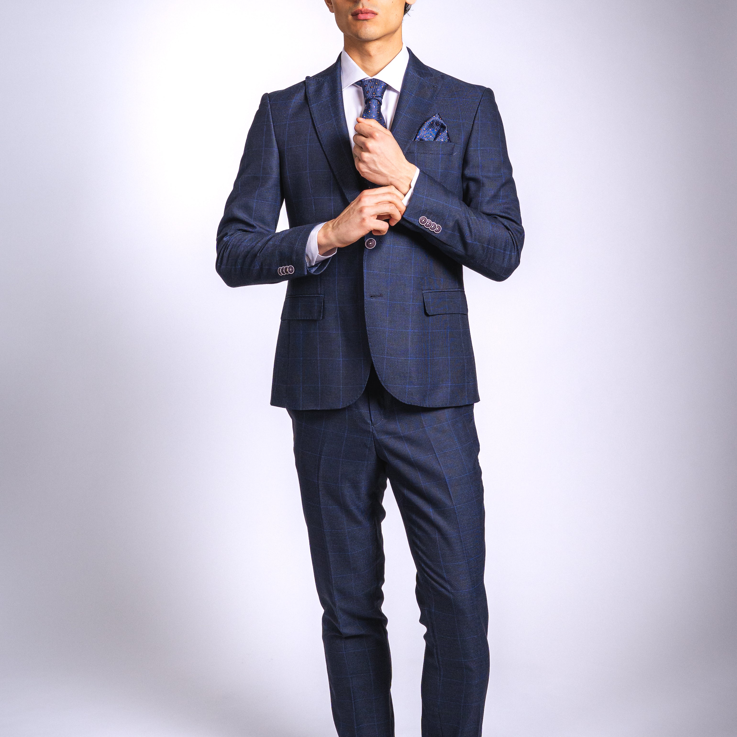 Anzug Slim Fit Dunkelblau Kariert | 3-teilig, aus hochwertigem Stoff