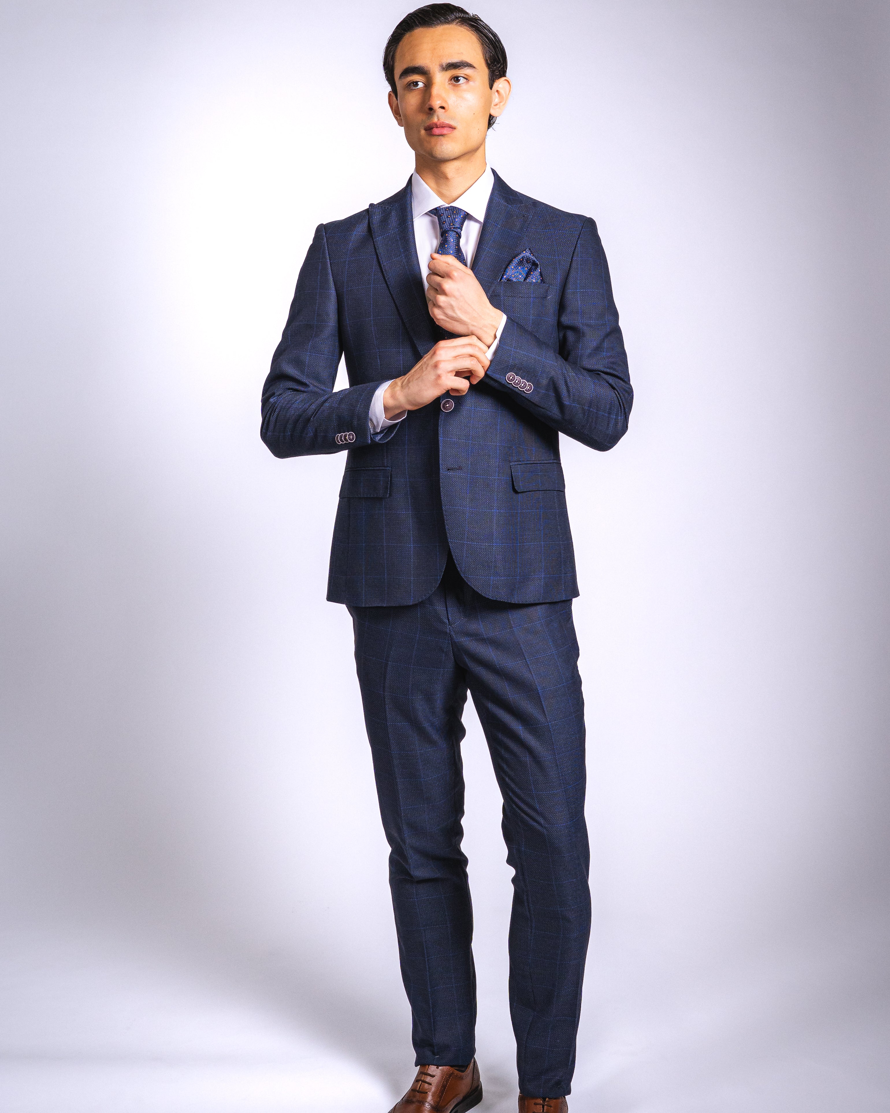 Anzug Slim Fit Dunkelblau Kariert | 3-teilig, aus hochwertigem Stoff