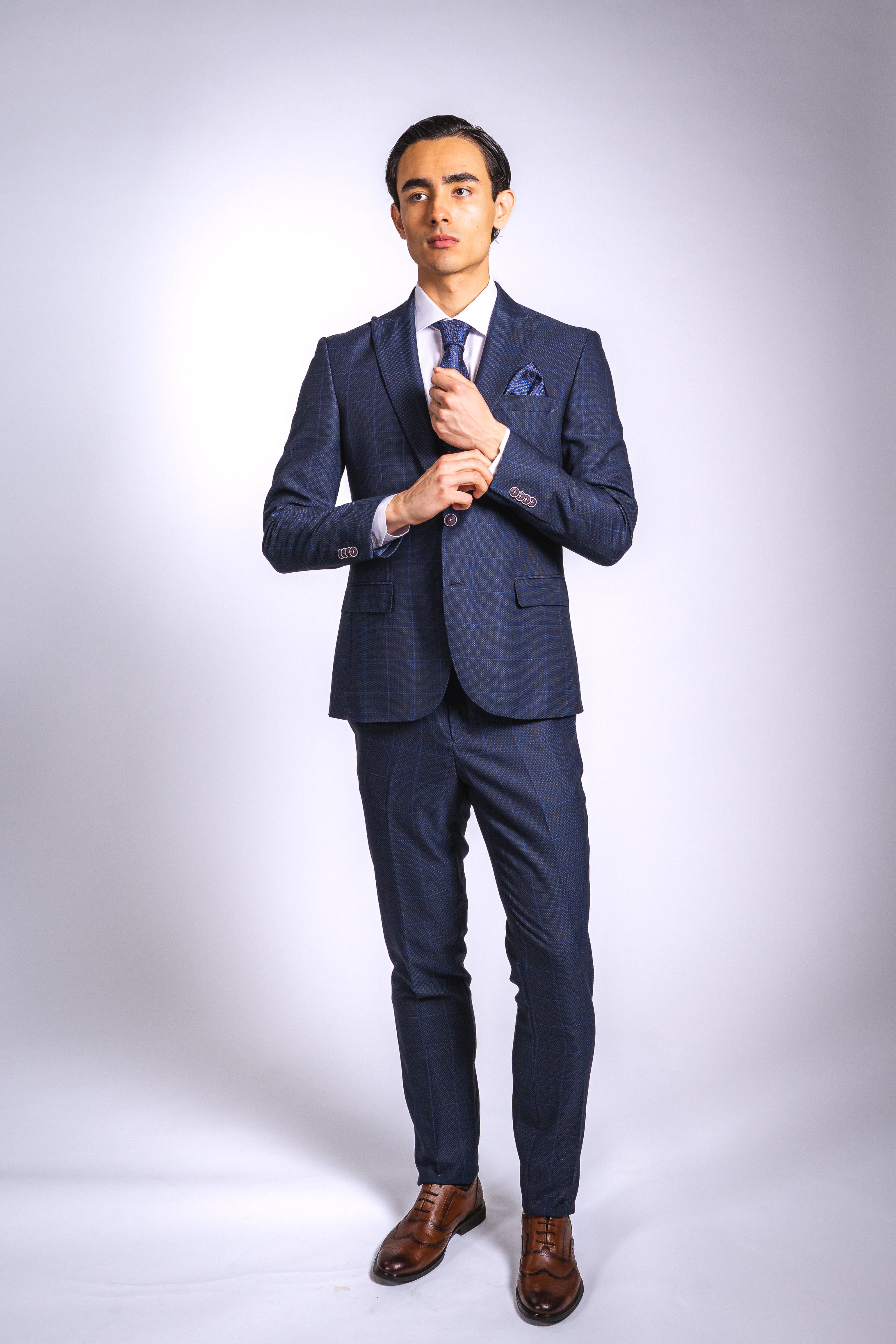 Anzug Slim Fit Dunkelblau Kariert | 3-teilig, aus hochwertigem Stoff