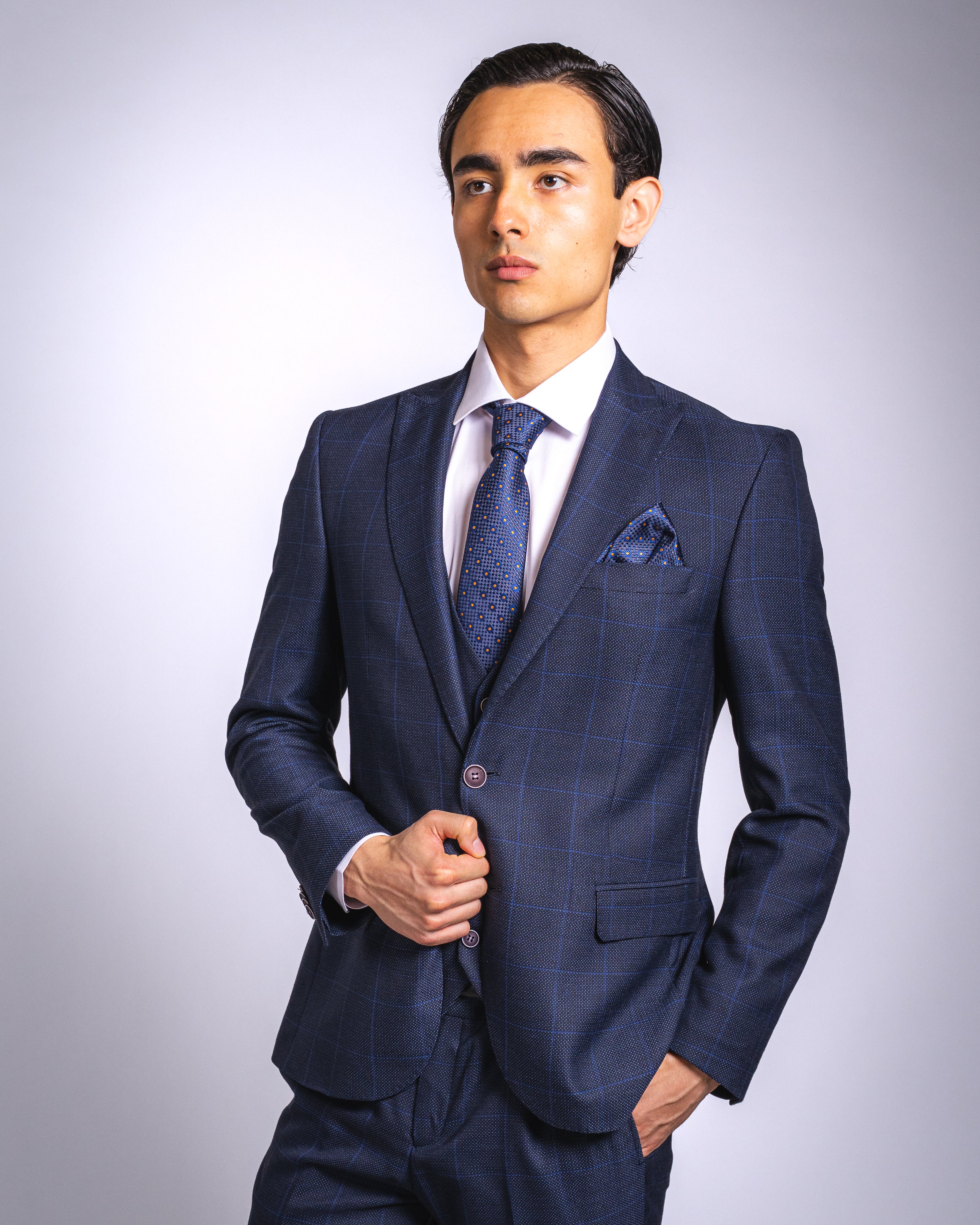 Anzug Slim Fit Dunkelblau Kariert | 3-teilig, aus hochwertigem Stoff