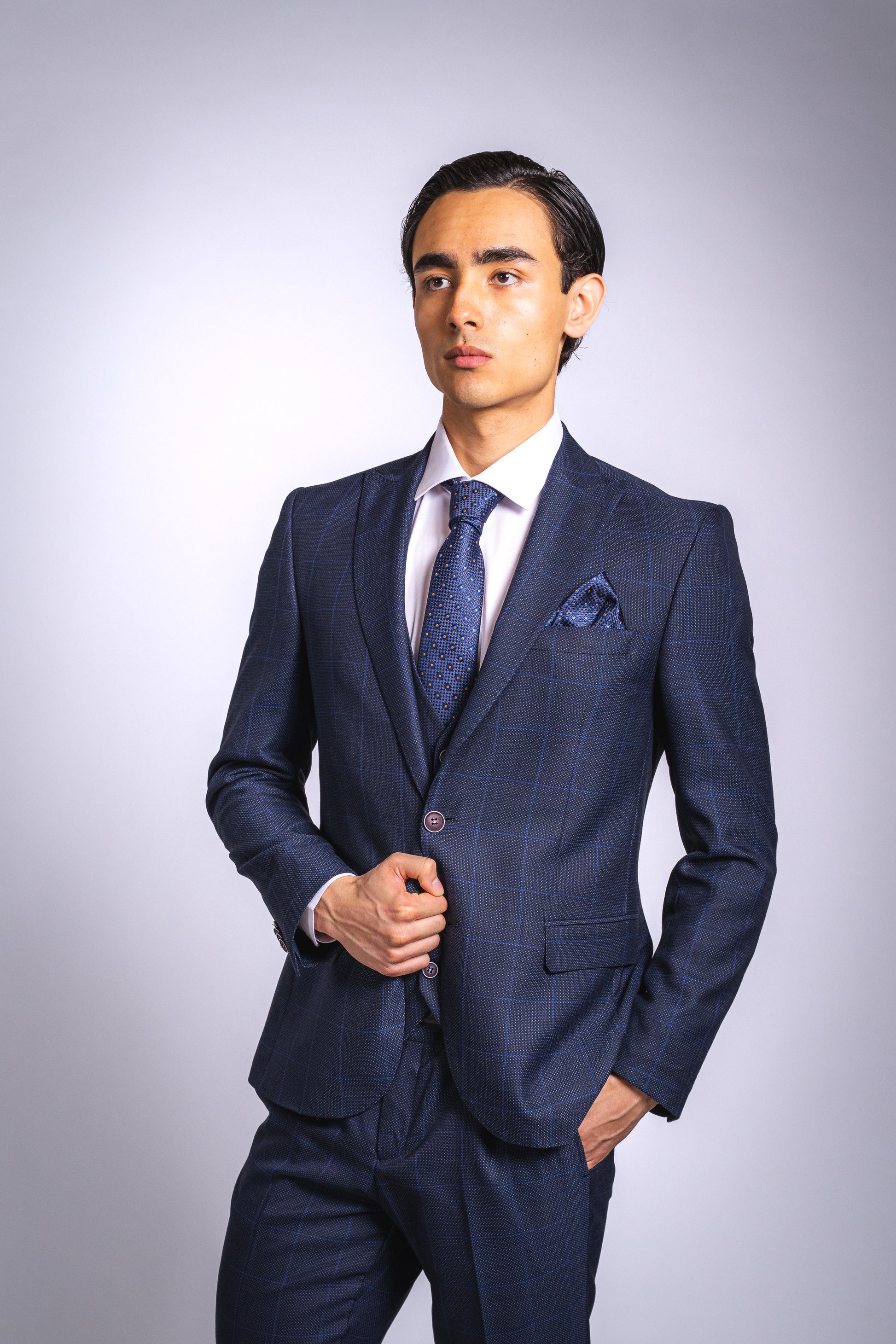 Anzug Slim Fit Dunkelblau Kariert | 3-teilig, aus hochwertigem Stoff