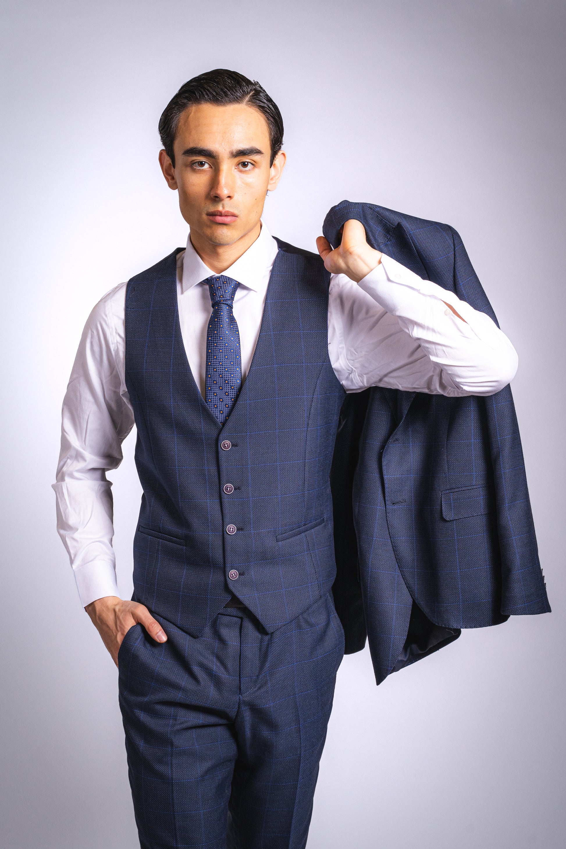 Anzug Slim Fit Dunkelblau Kariert | 3-teilig, aus hochwertigem Stoff