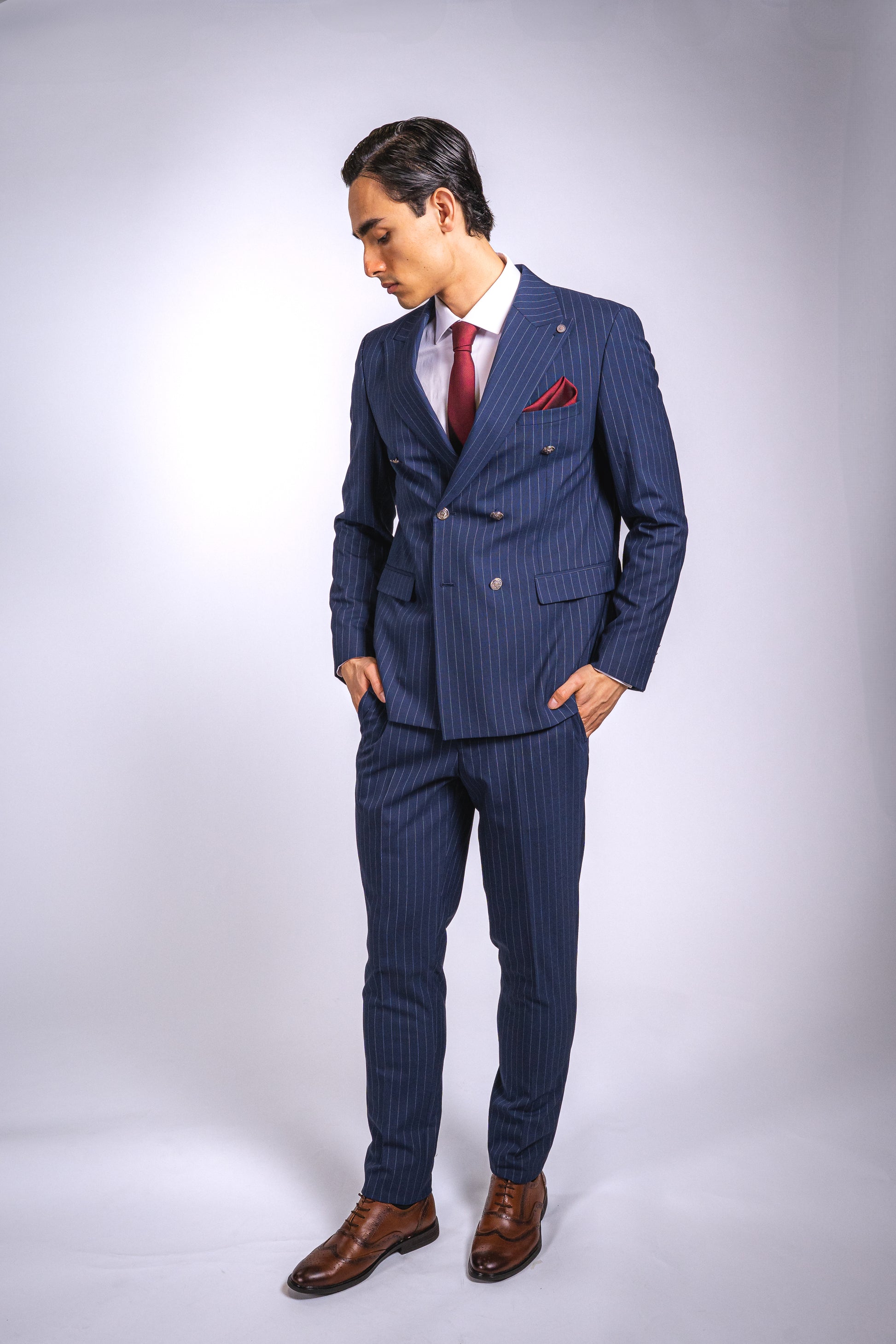 Anzug Slim Fit Dunkelblau Gestreift | 2-reihig, 2-teilig