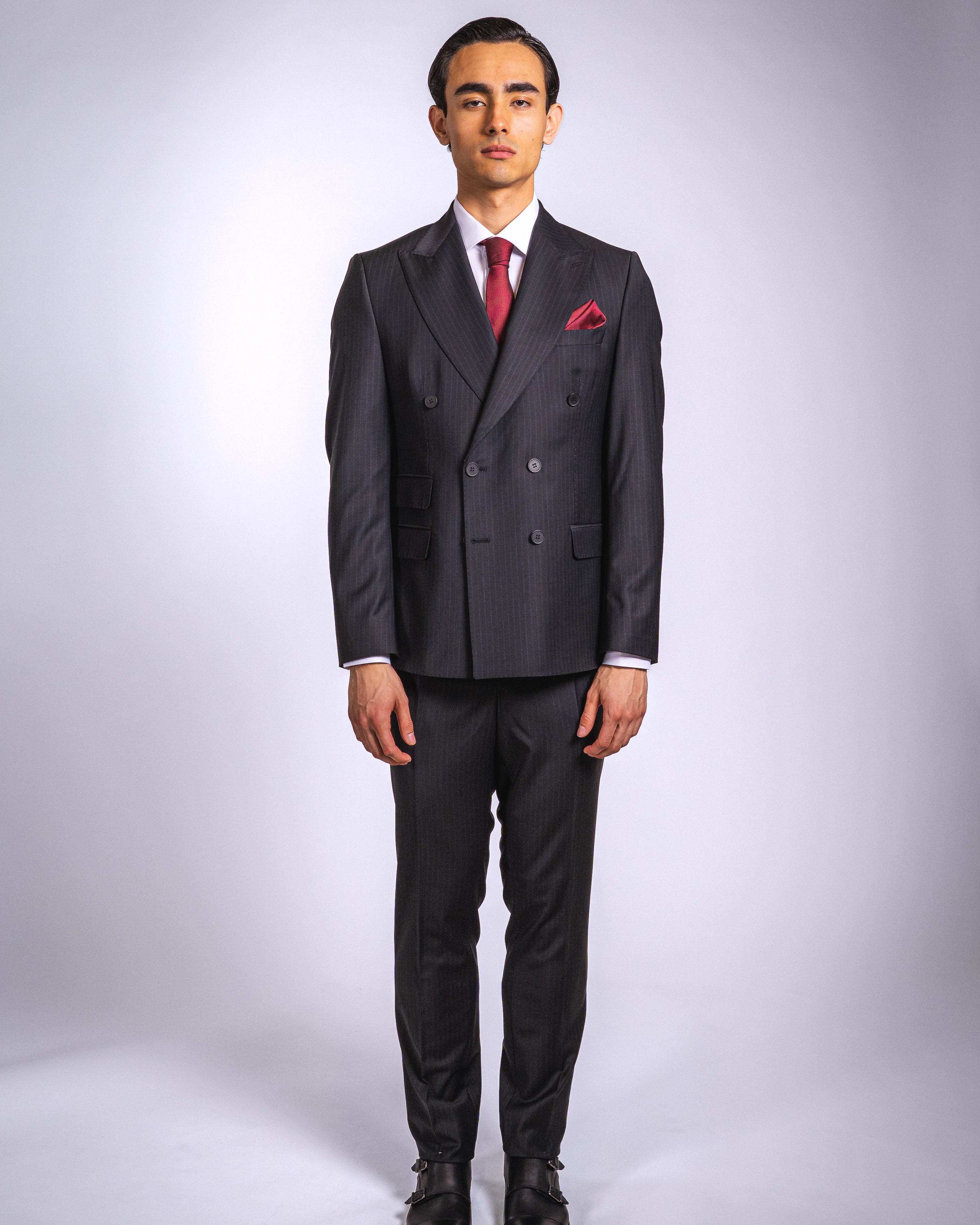 Anzug Schwarz mit blauen Streifen | Doppelreihig, Slim Fit, 2-teilig