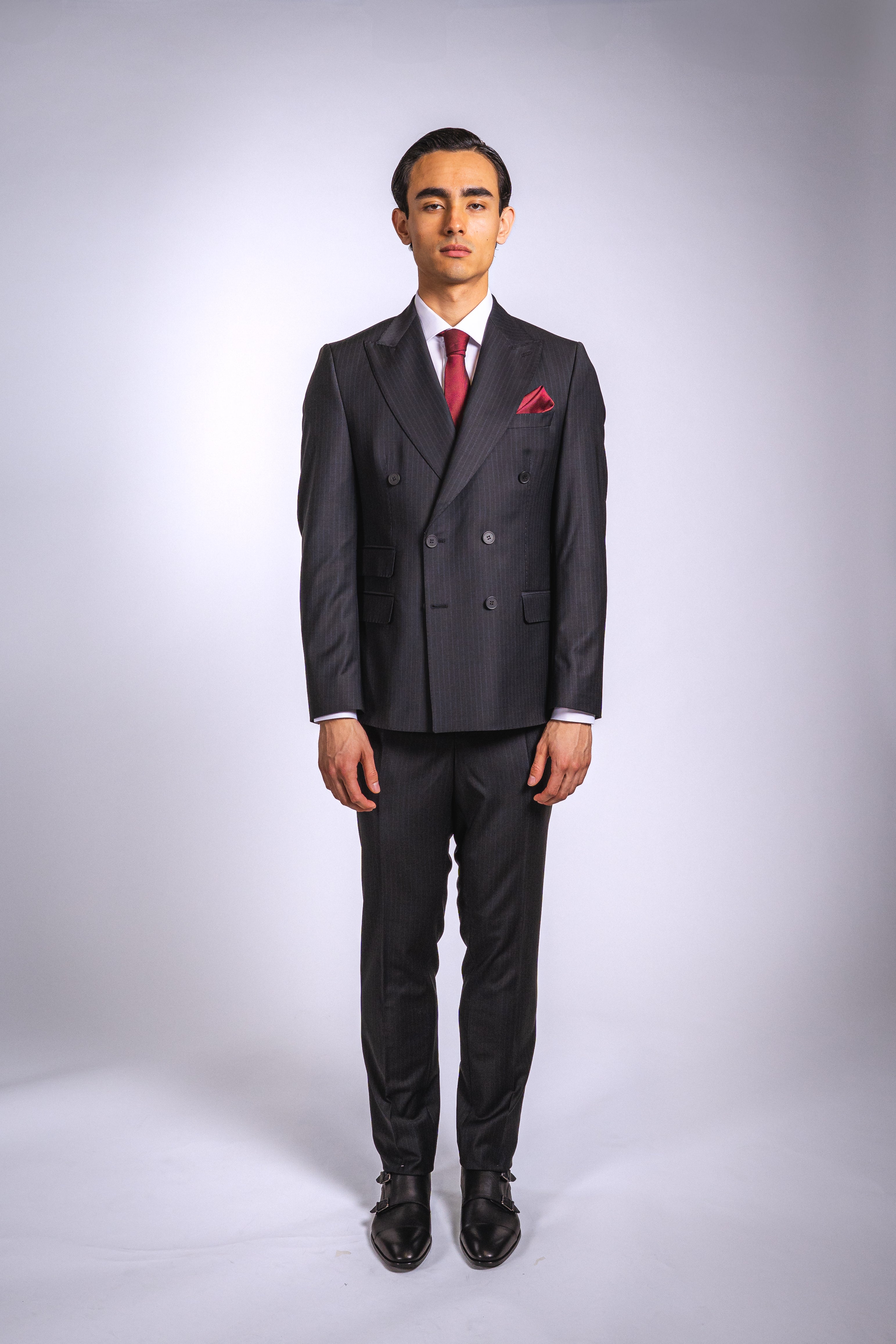 Anzug Schwarz mit blauen Streifen | Doppelreihig, Slim Fit, 2-teilig