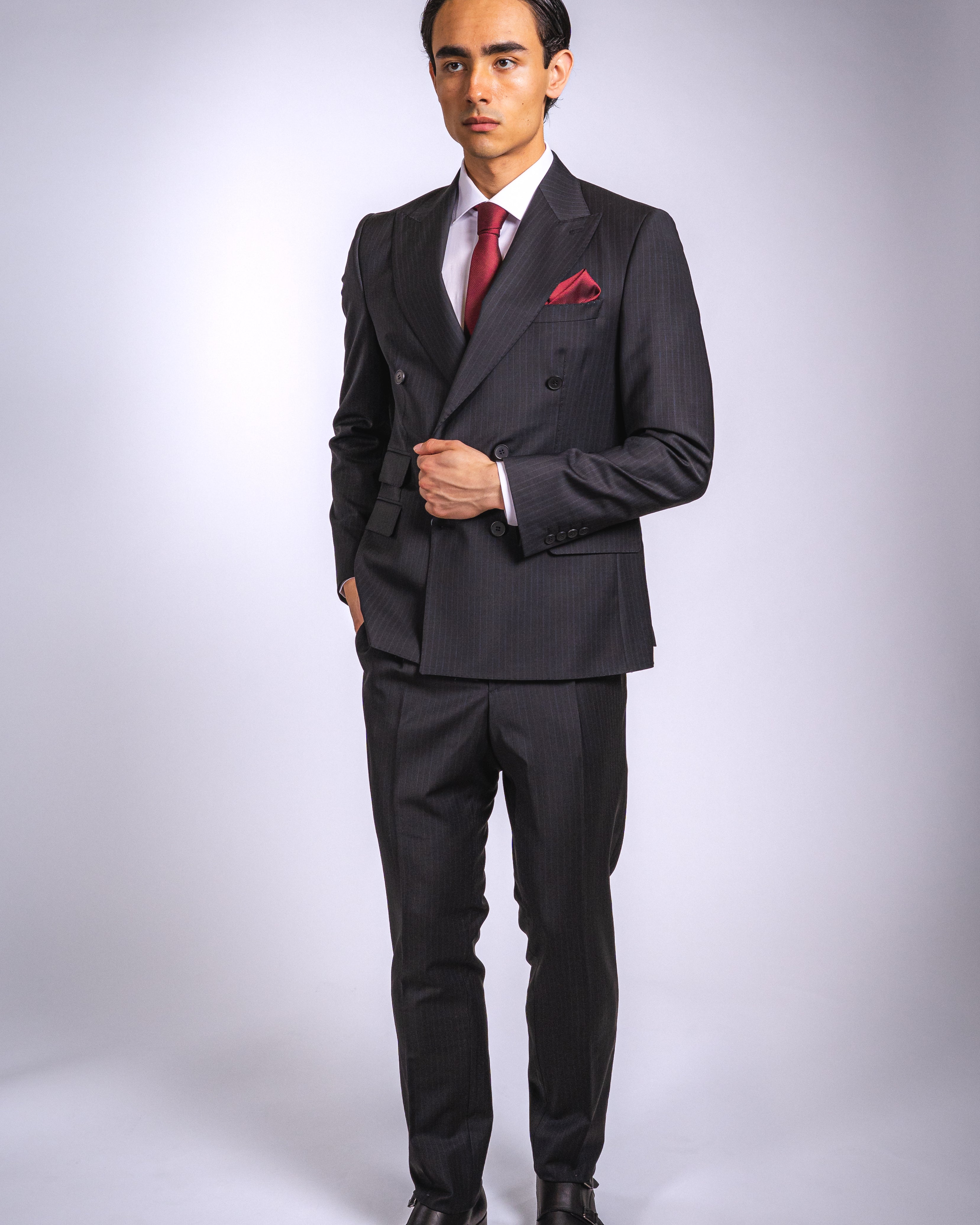 Anzug Schwarz mit blauen Streifen | Doppelreihig, Slim Fit, 2-teilig
