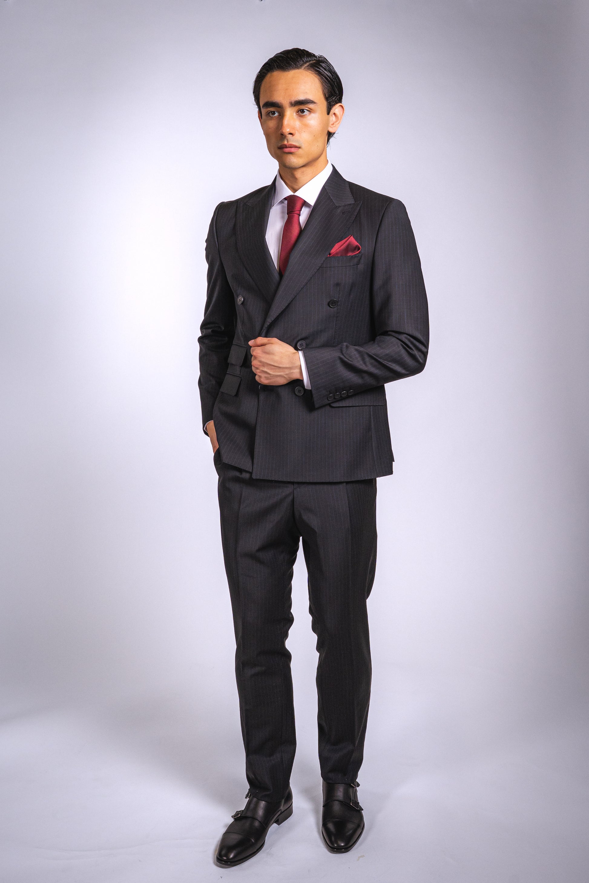 Anzug Schwarz mit blauen Streifen | Doppelreihig, Slim Fit, 2-teilig