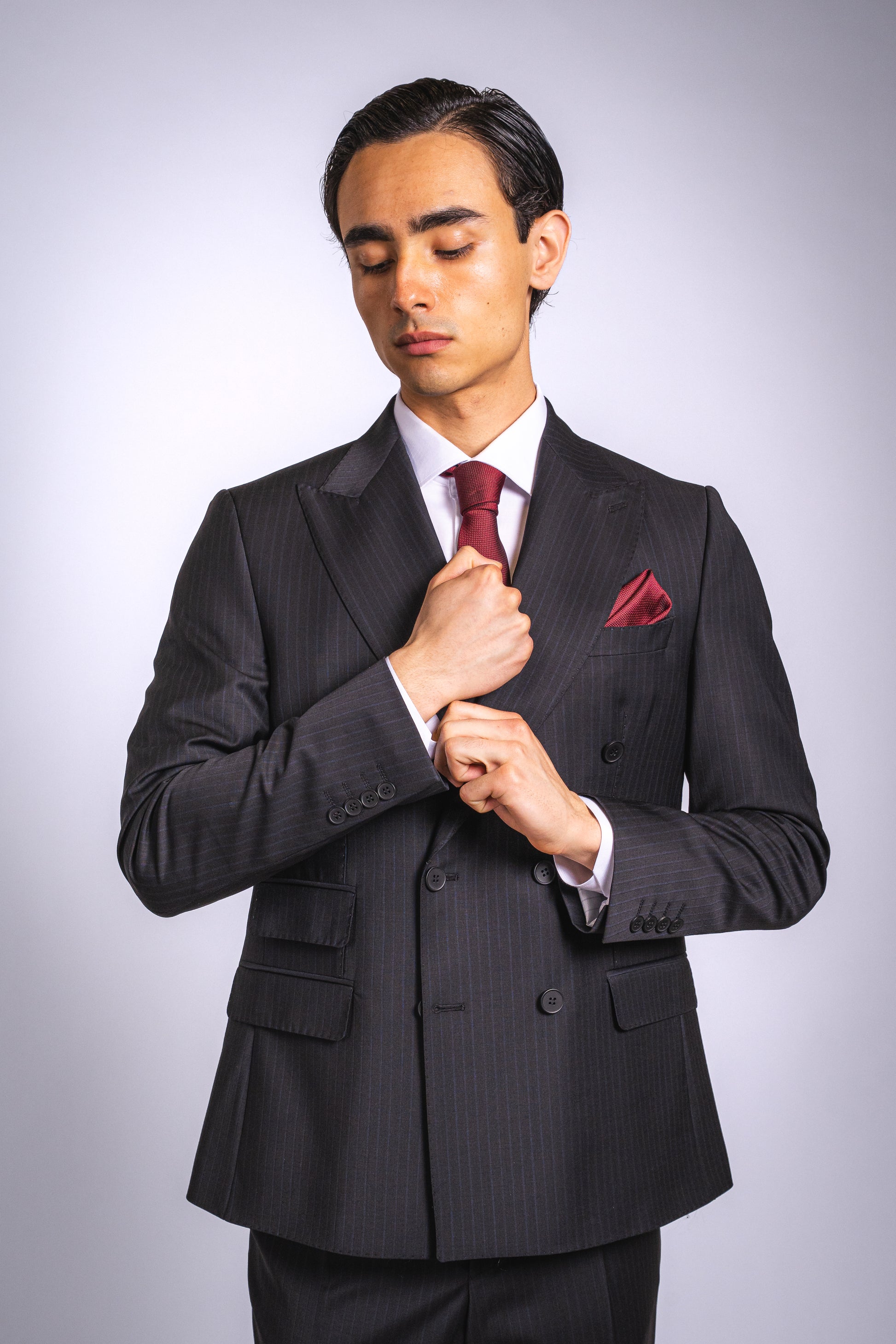 Anzug Schwarz mit blauen Streifen | Doppelreihig, Slim Fit, 2-teilig