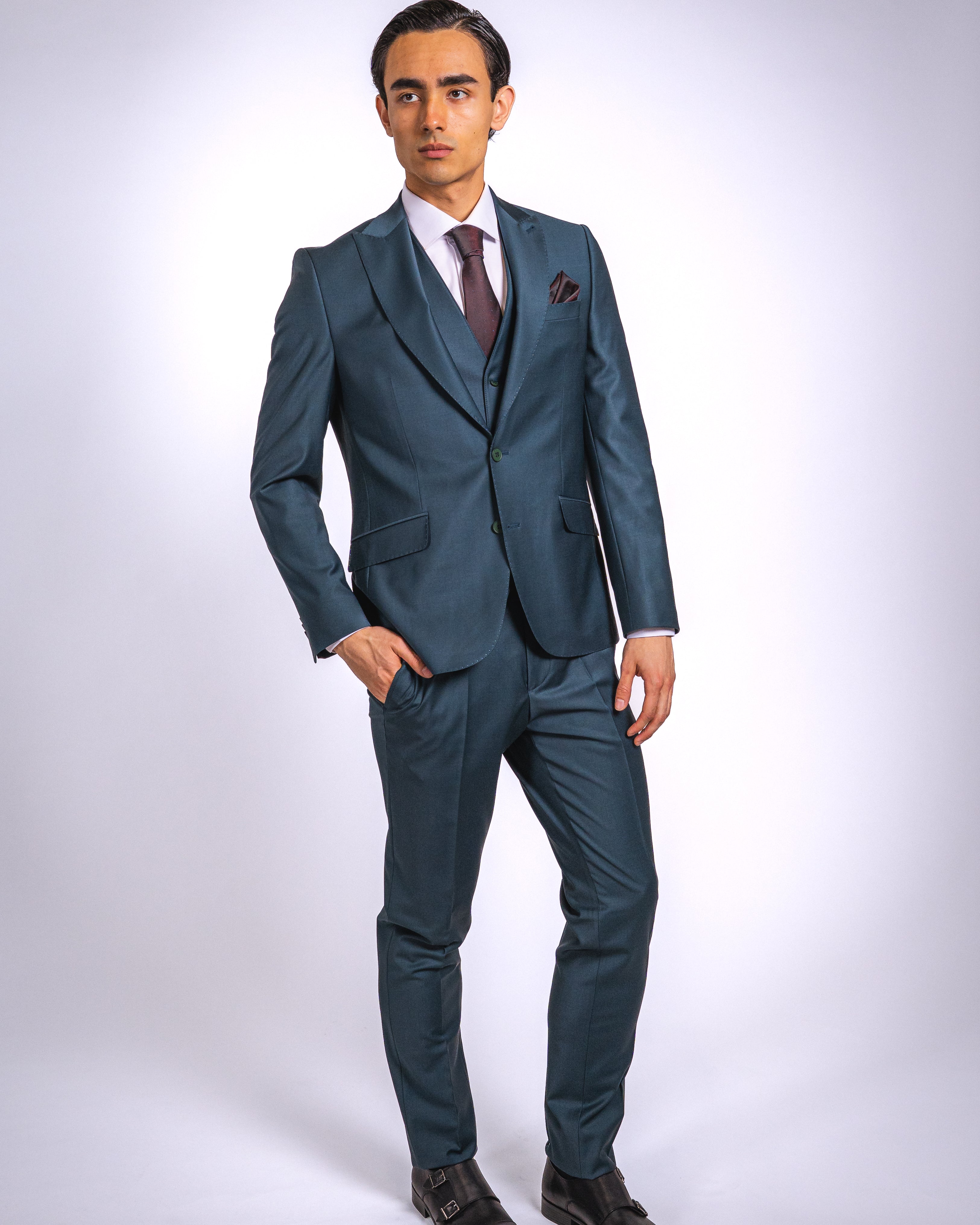 Anzug Dunkelgrün | 3-teilig, Slim Fit, italienische Schurwolle