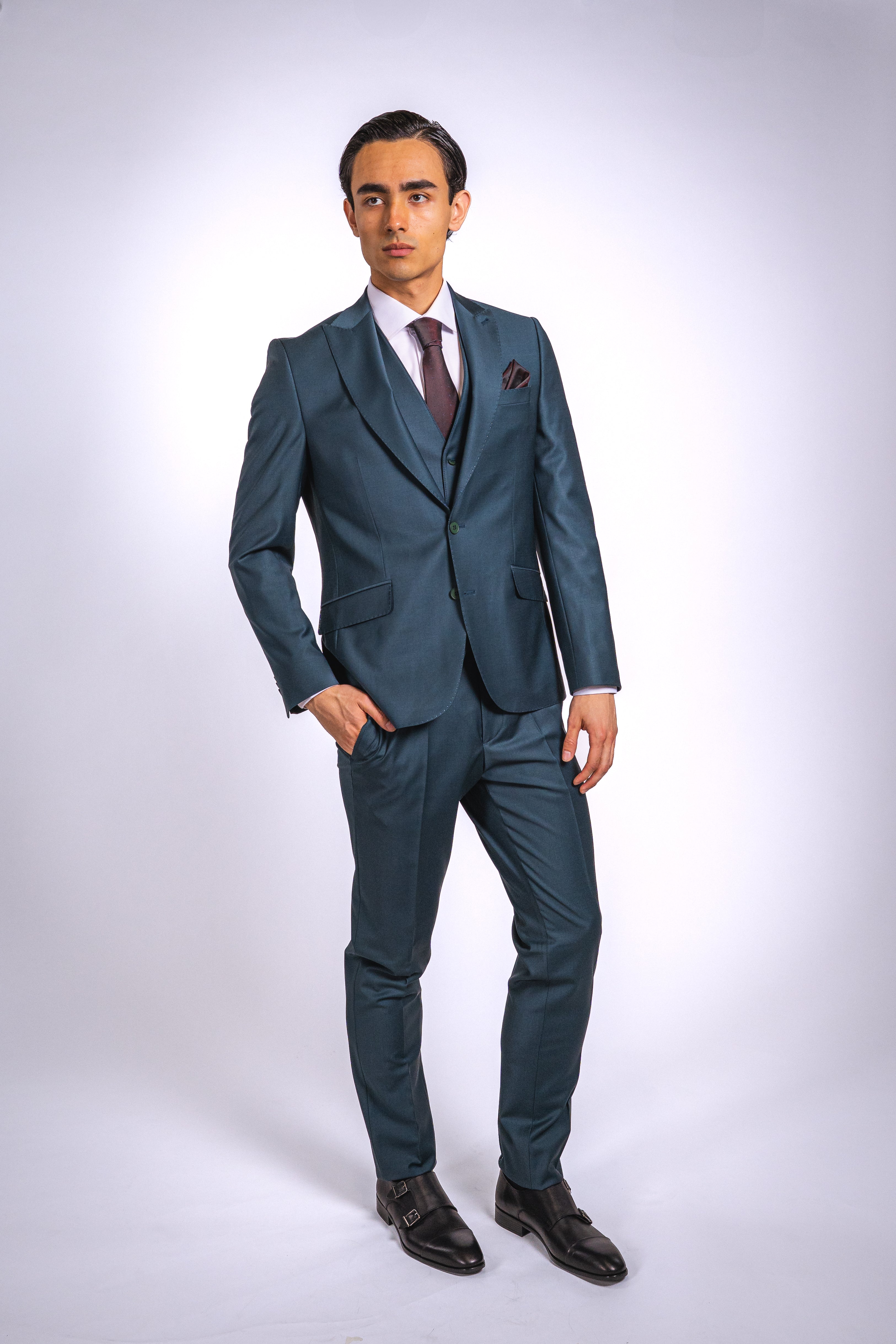 Anzug Dunkelgrün | 3-teilig, Slim Fit, italienische Schurwolle