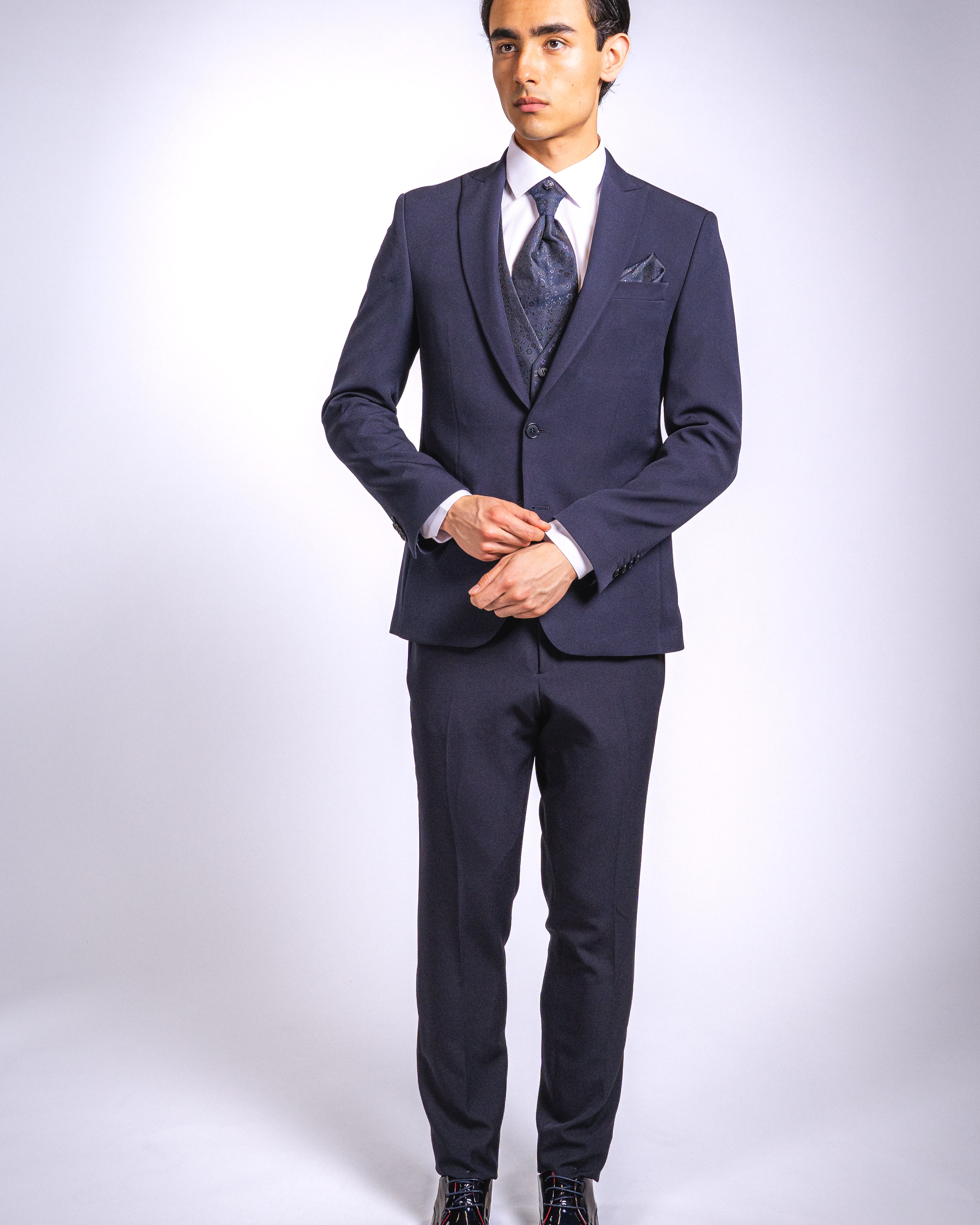 Anzug Dunkelblau | 3-teilig, Slim Fit, gemusterte Weste