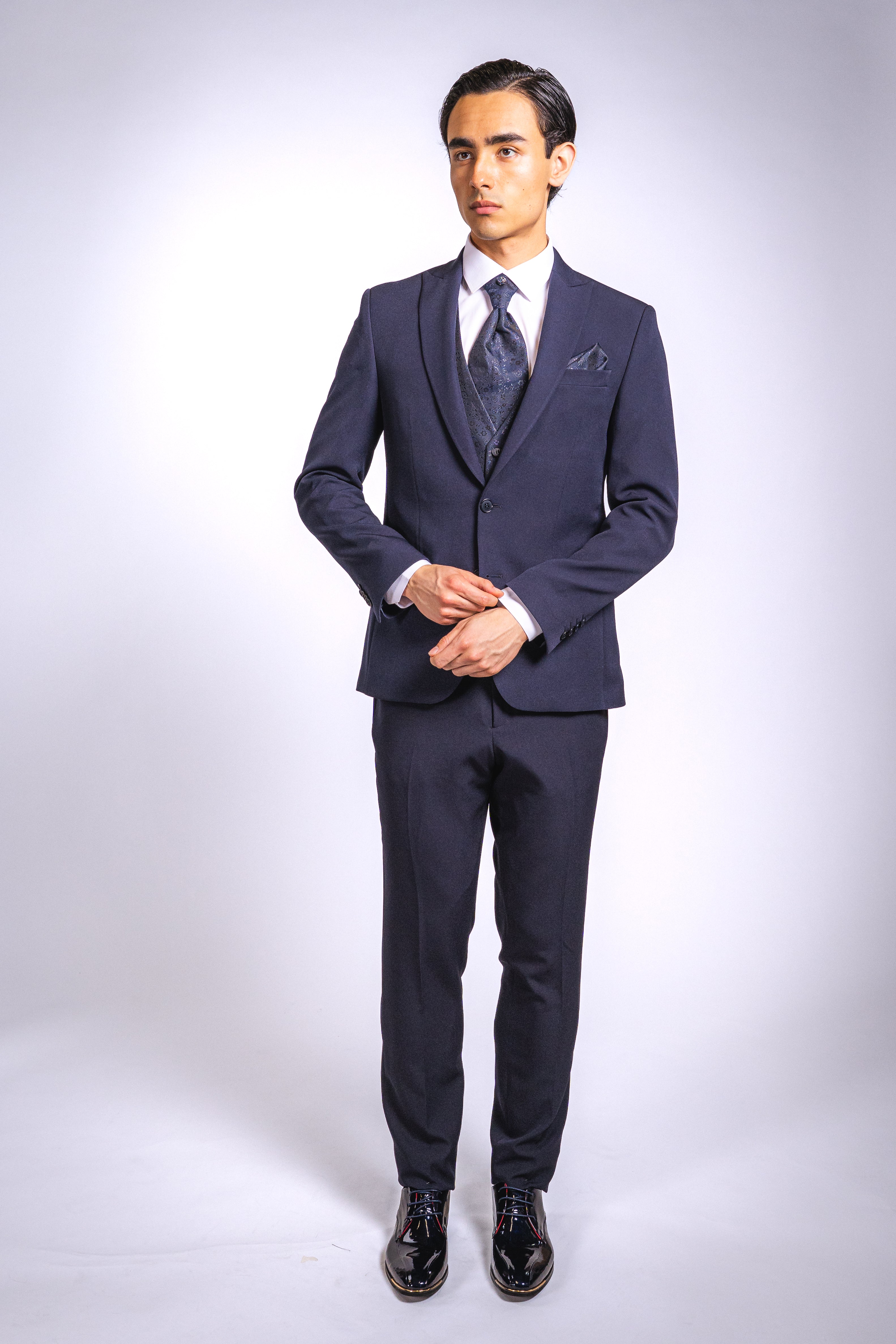 Anzug Dunkelblau | 3-teilig, Slim Fit, gemusterte Weste