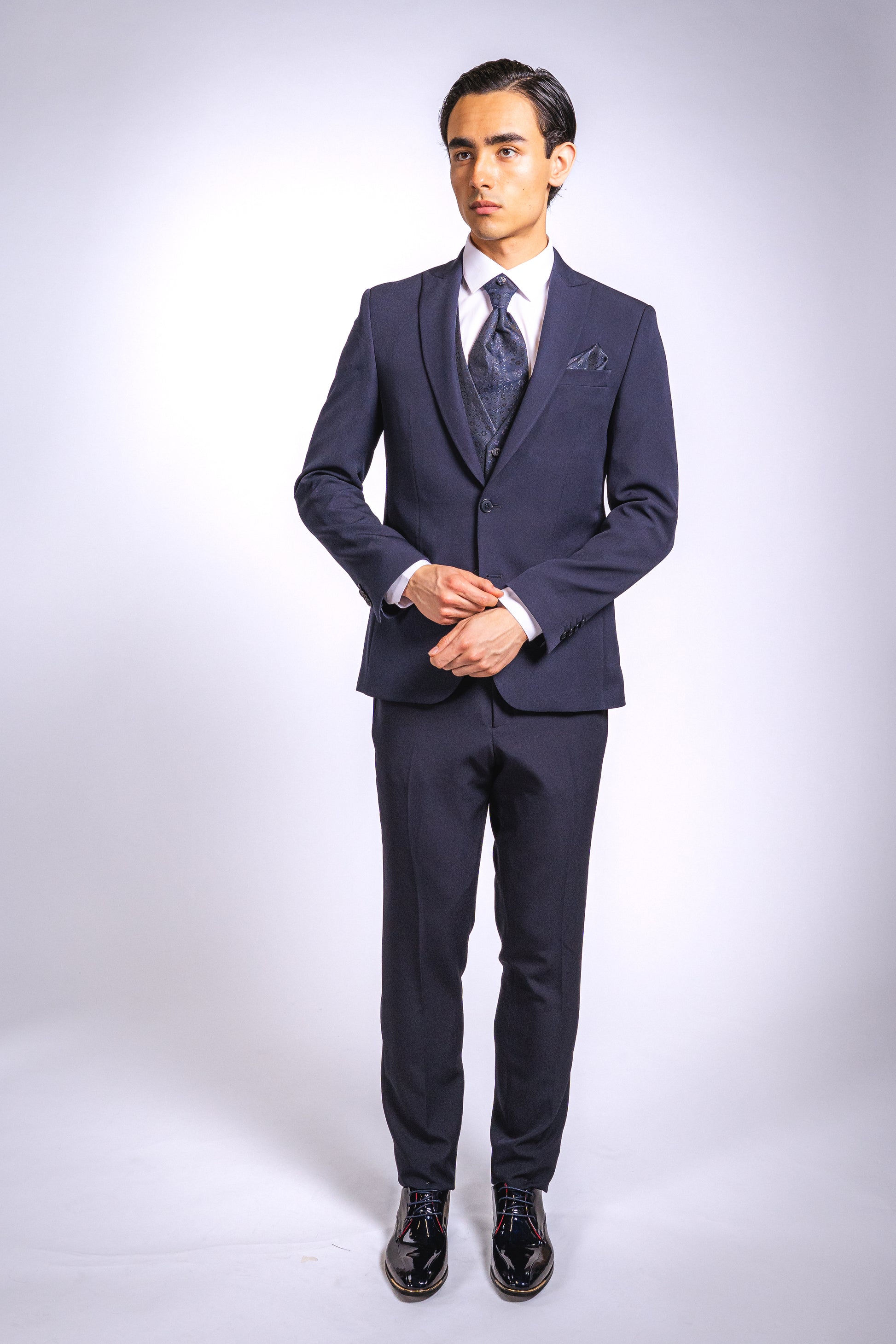 Anzug Dunkelblau | 3-teilig, Slim Fit, gemusterte Weste