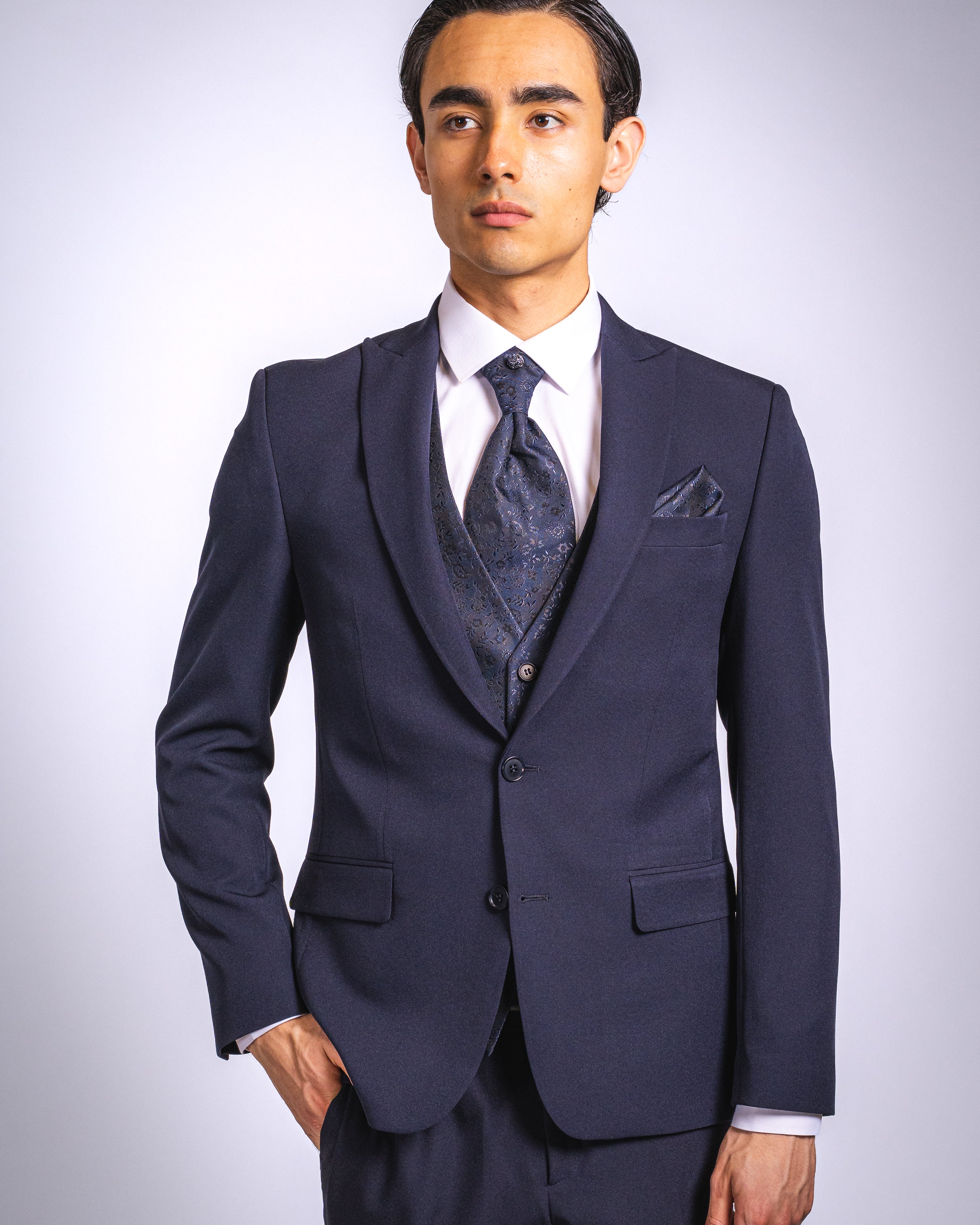 Anzug Dunkelblau | 3-teilig, Slim Fit, gemusterte Weste