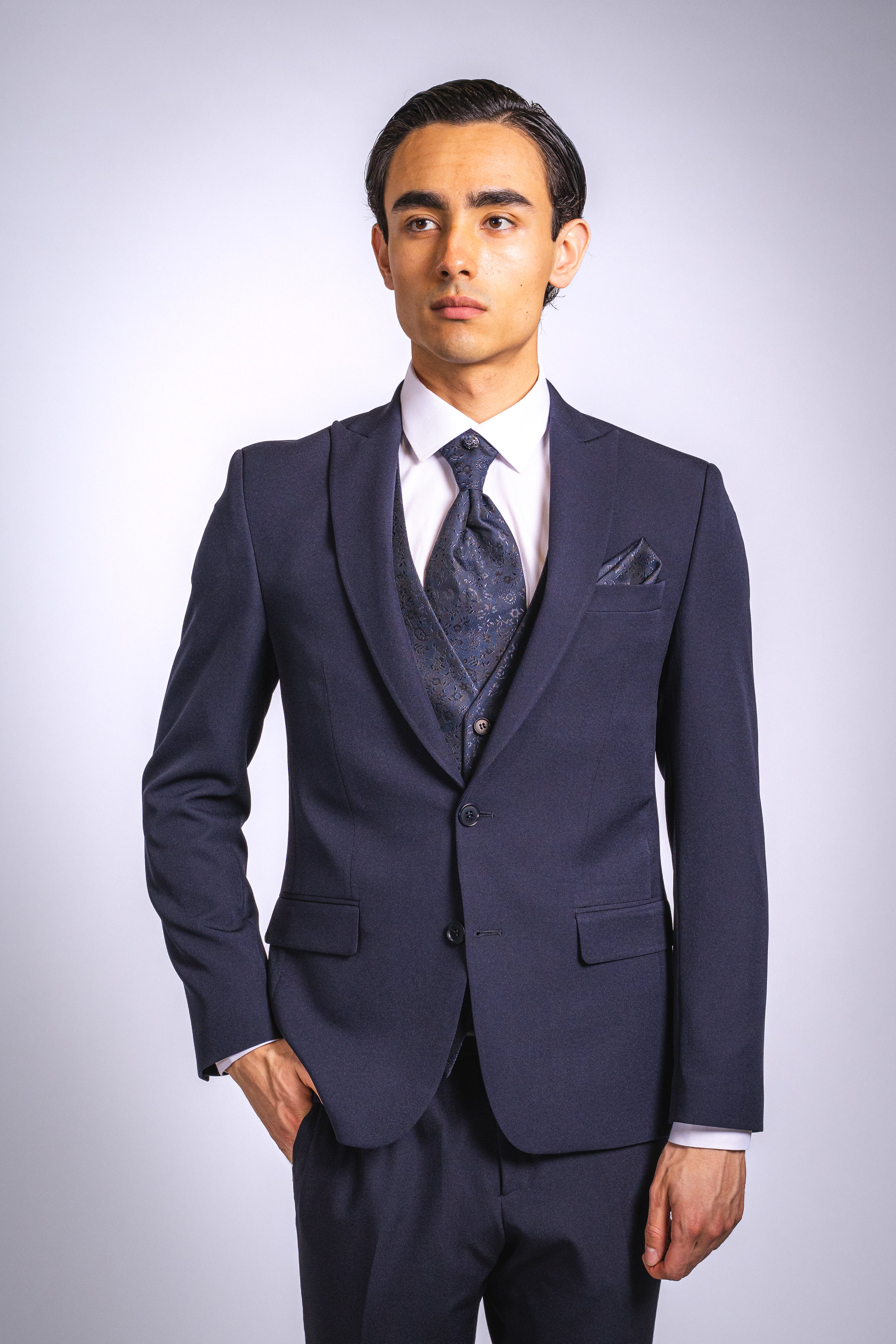 Anzug Dunkelblau | 3-teilig, Slim Fit, gemusterte Weste