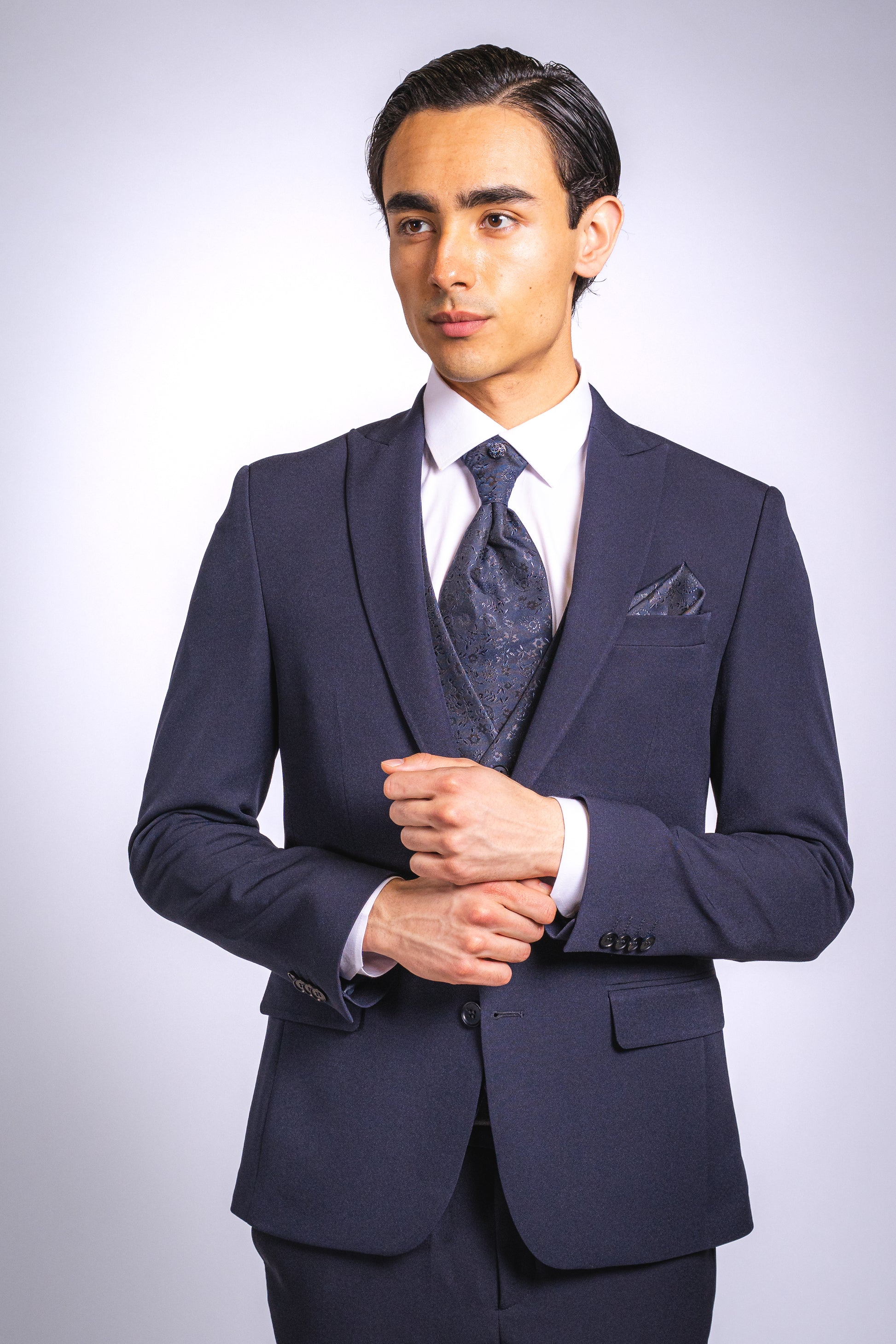 Anzug Dunkelblau | 3-teilig, Slim Fit, gemusterte Weste