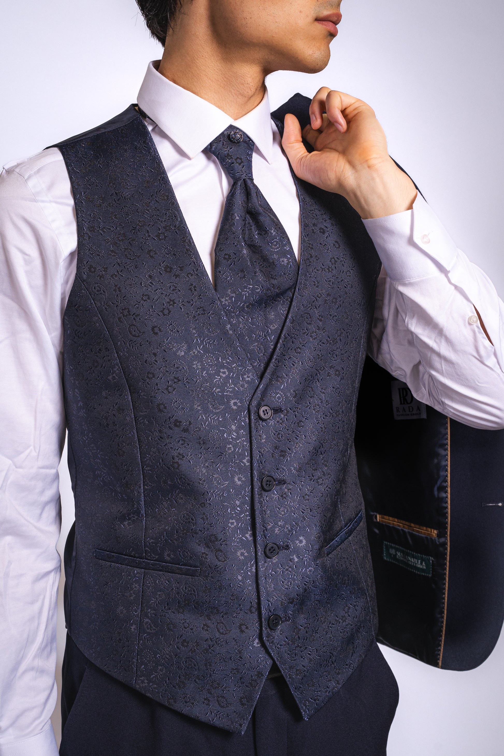 Anzug Dunkelblau | 3-teilig, Slim Fit, gemusterte Weste