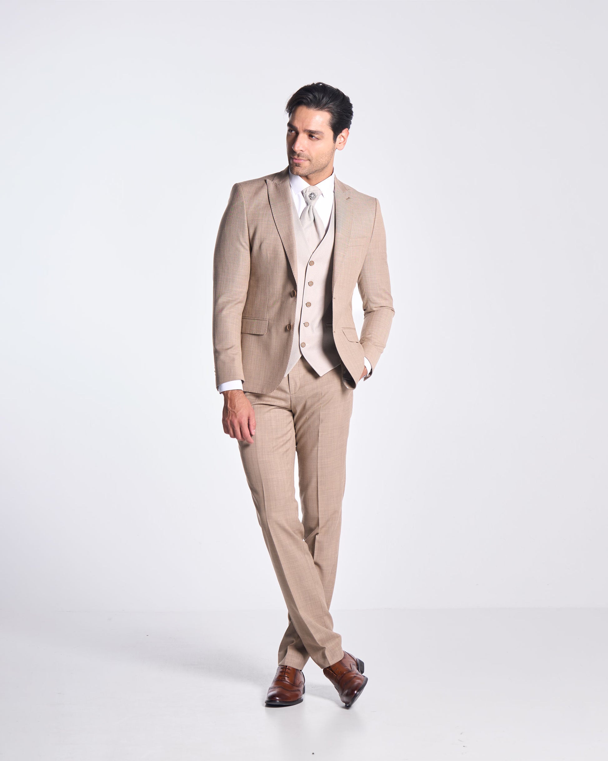 Anzug Slim Fit Beige | 3-teilig, gemusterte Weste