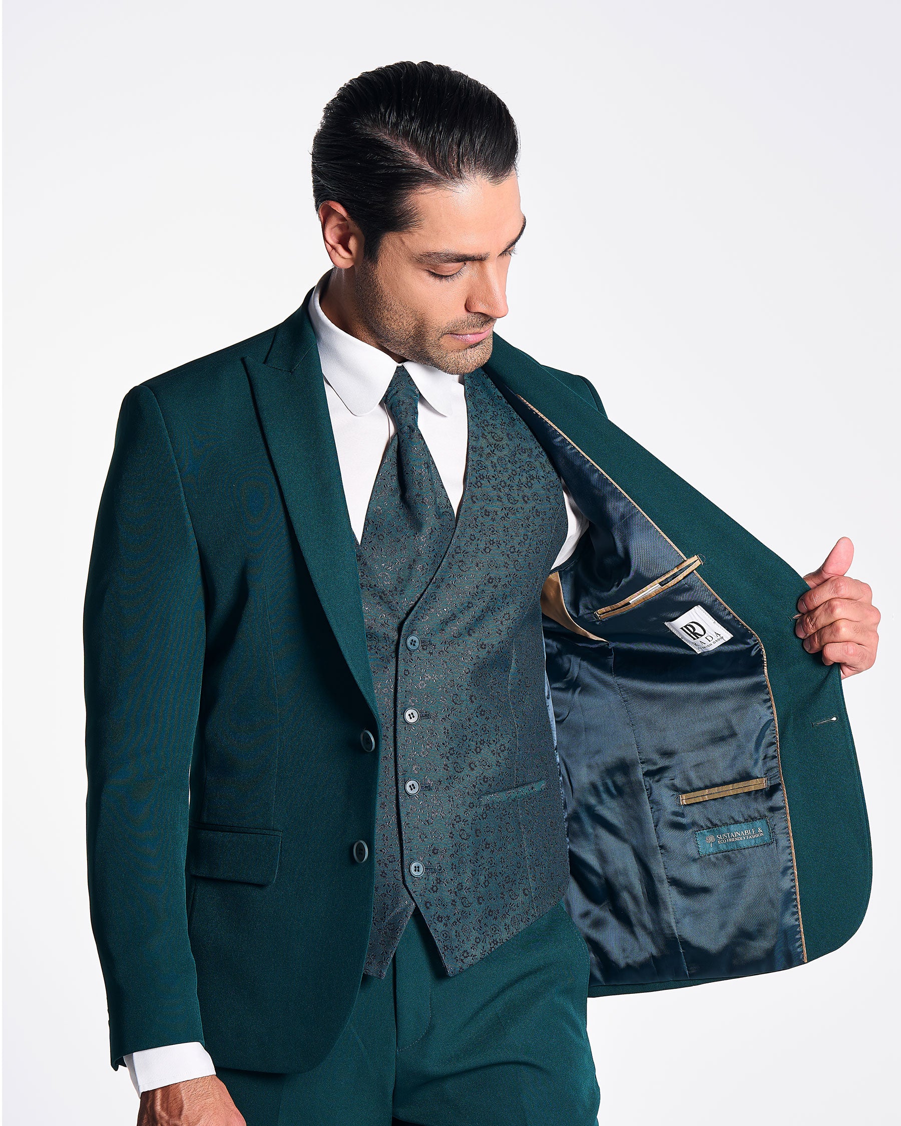 Hochzeitsanzug Slim Fit Grün | 3-teilig, gemusterte Weste