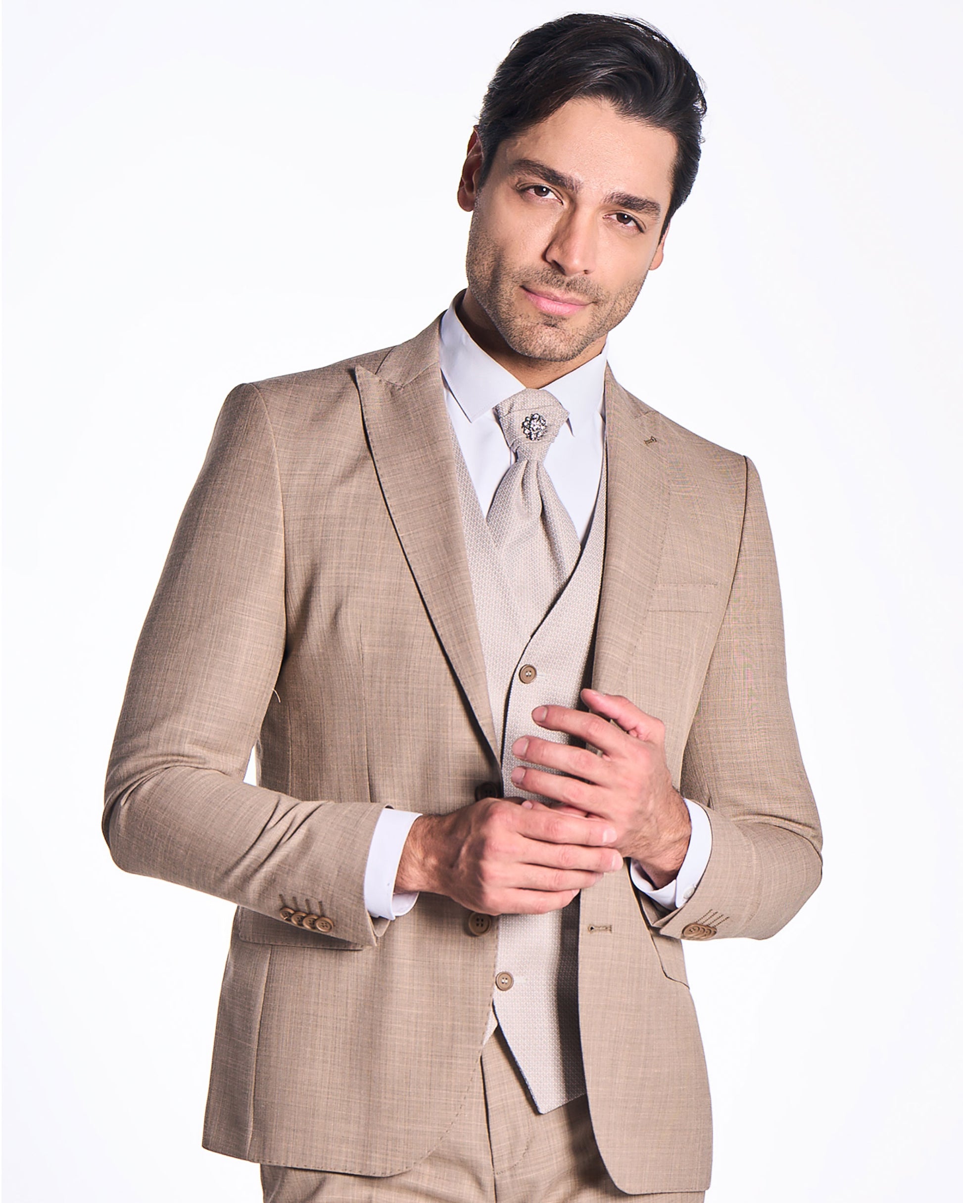 Anzug Slim Fit Beige | 3-teilig, gemusterte Weste